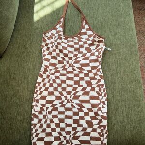 Brown and White Geometric Halter Dress